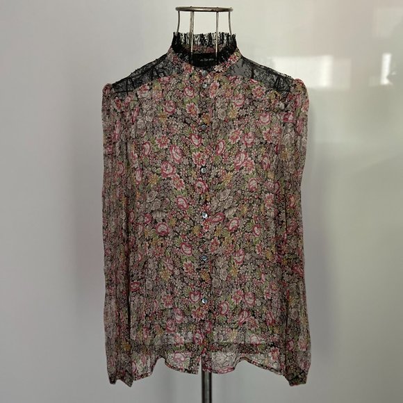 KOOPLES *gorgeous* Sheer Floral Blouse Silk Chiffon Lace Trim - Picture 11 of 14
